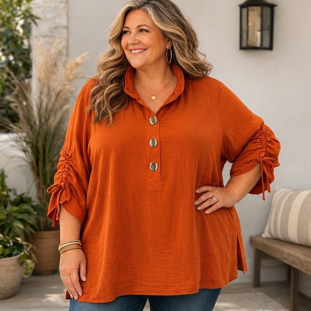 John Mark Womens Tunic Top 3X Burnt Orange Wired Collar Ruched Sleeve Lagenlook